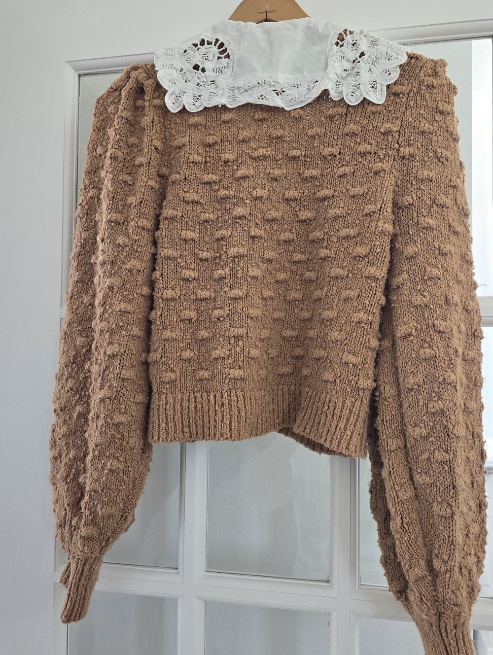 ANTHROPOLOGIE Bobble Knit Lace Collar Cropped Cotton Cardigan Mocha Brown M EUC - Picture 8 of 12